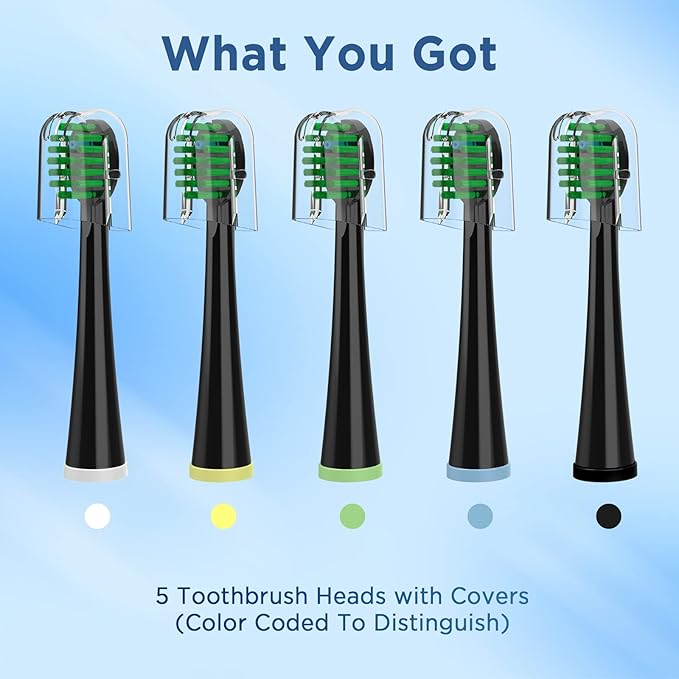 Replacement Toothbrush Heads for All Waterpik Sonic Fusion Models (SF-01, SF-02, SF-03, and SF-04 Series), Compact, with Covers, 5 Count, Black