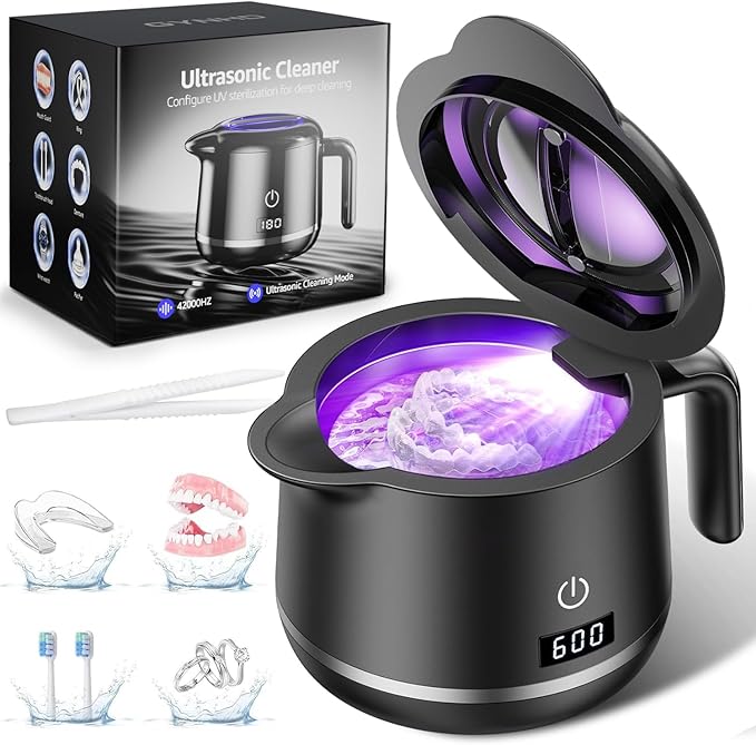 Dental Ultrasonic Retainer Cleaner Machine: Dental Cleaning Pod for Denture/Mouth Guard/Aligner/Night Guard/Braces/Toothbrush Heads/Jewelry - 45kHz Retainer Cleaner with Digital Timer & 200ML