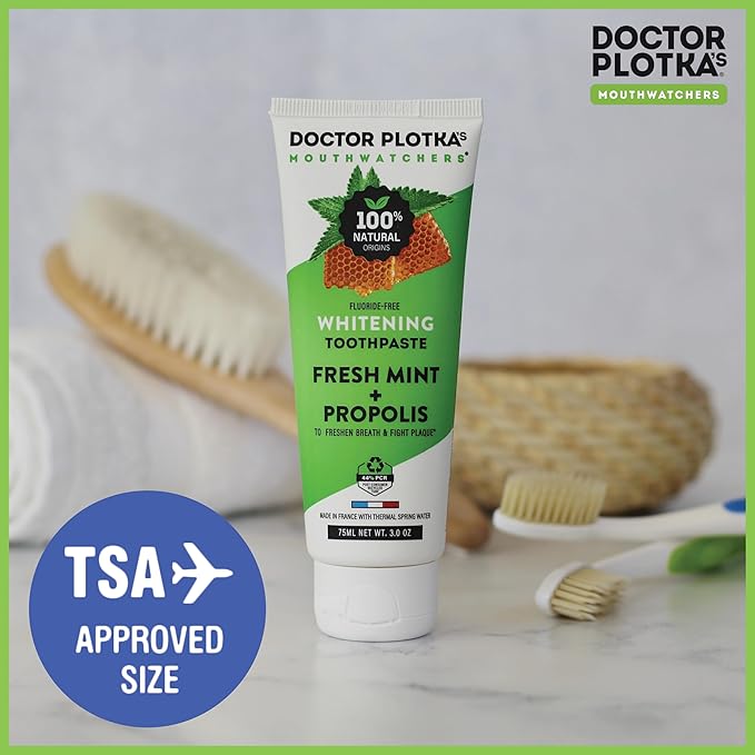 MOUTHWATCHERS Whitening Fluoride Free Naturally Sourced Toothpaste, 4 Tubes, 3 oz Each, for Sensitive Teeth and Gums, Organic, SLS Free, Fresh Organic Mint and Propolis, by Dr. Plotka's