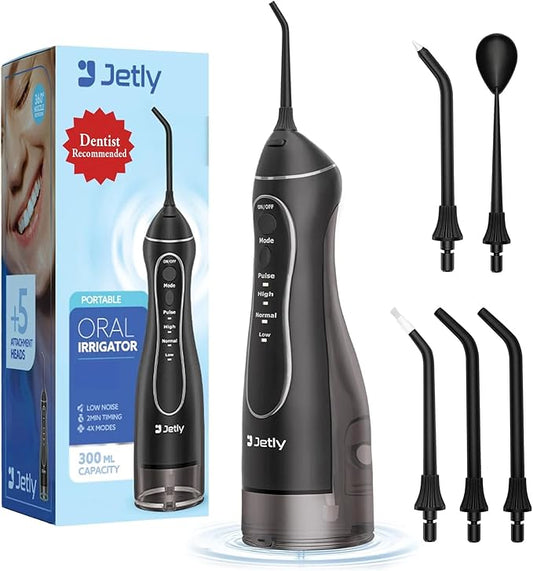 Water Dental Flosser Teeth Pick Cleaner: Travel Cordless Oral Irrigator 300ML Capacity Portable Rechargeable IPX7 Waterproof Electric Flossing Machine for Teeth Cleaning (Black)