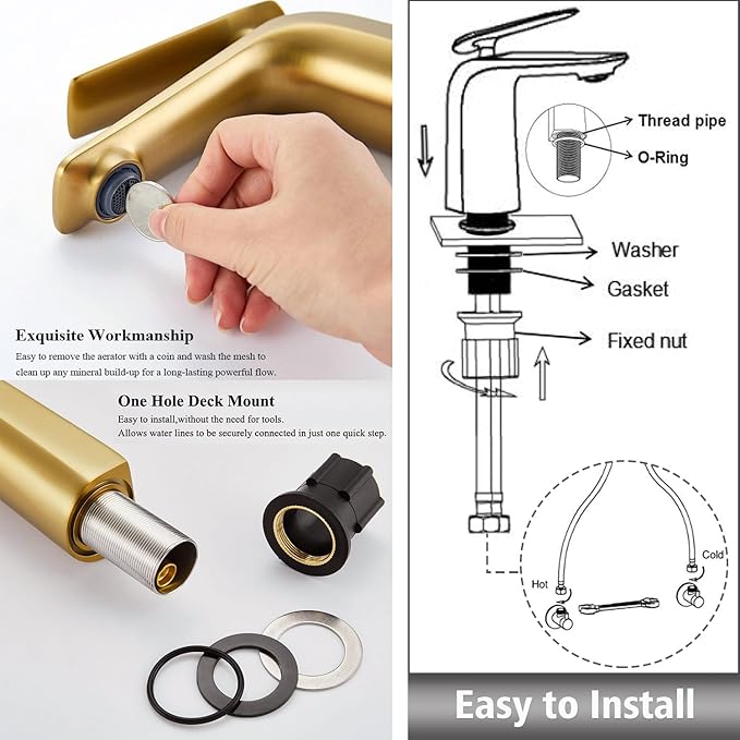 TOCALOCA Brushed Gold Bathroom Faucet, Single Hole, Single Lever, Vessel Sink Faucet, Copper, Aerated Stream, 2.2 GPM, Limited Warranty