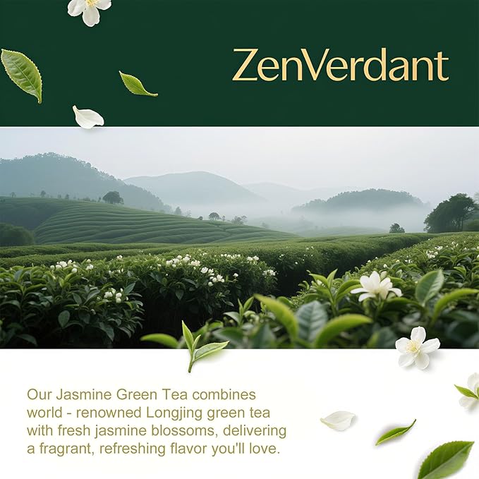 ZenVerdant Premium Jasmine Green Tea Loose Leaf | 7x Scented, Low Caffeine, High Antioxidant | Cold Brew Ready, Smooth Taste, Natural Floral Notes