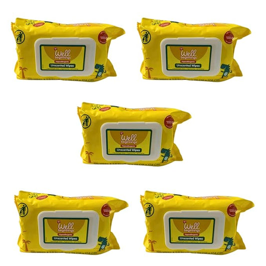 Pack of 5 Well Beginnings Hypoallergenic Unscented Wipes Dermatologist Tested Fragrance Free Soft & Strong, 120 Wipes