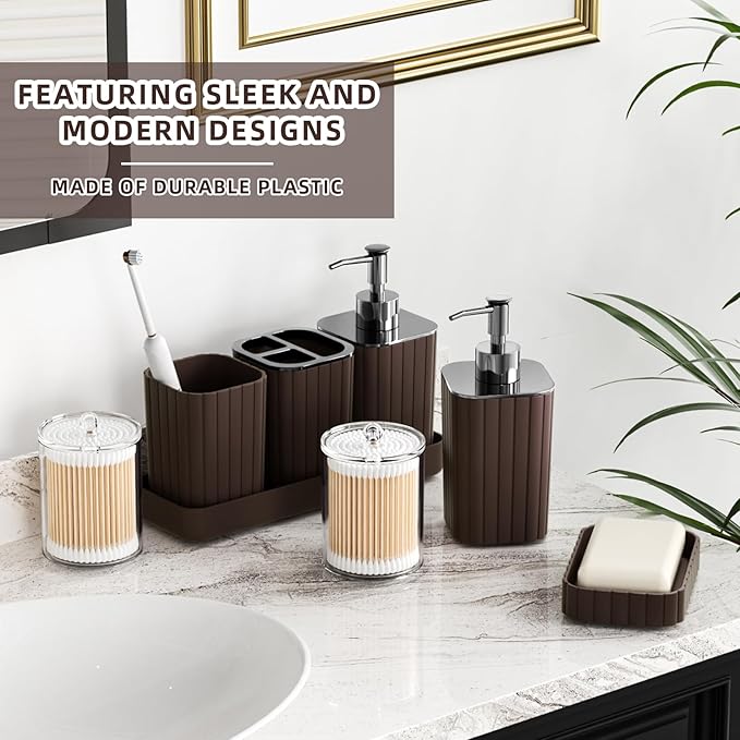 Bathroom Accessories Set - 25PC Bathroom Sets with Shower Curtain and Rugs, Brown Bathroom Accessories, Bathroom Accessory Set, Brown Shower Curtain Set, Trash Can & Soap Dispenser