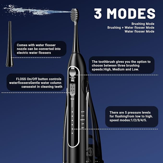 Electric Toothbrush with Water Flosser,Portable Flossing Toothbrush White 8 Mode,IPX8 Waterproof,Equipped Brush Head and Nozzle,for Travel and Home-Black
