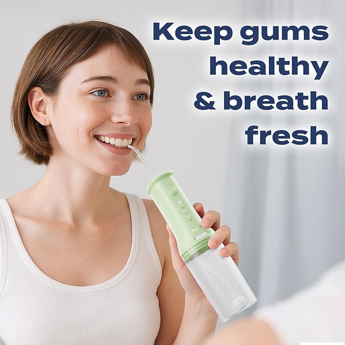 7AM2M Portable Cordless Water Flosser, Oral Irrigator with 3 Modes & 2 Tips, Fast Rechargeable, IPX7 Waterproof, Dental Water Flosser for Travel and Home Use (Light Green)