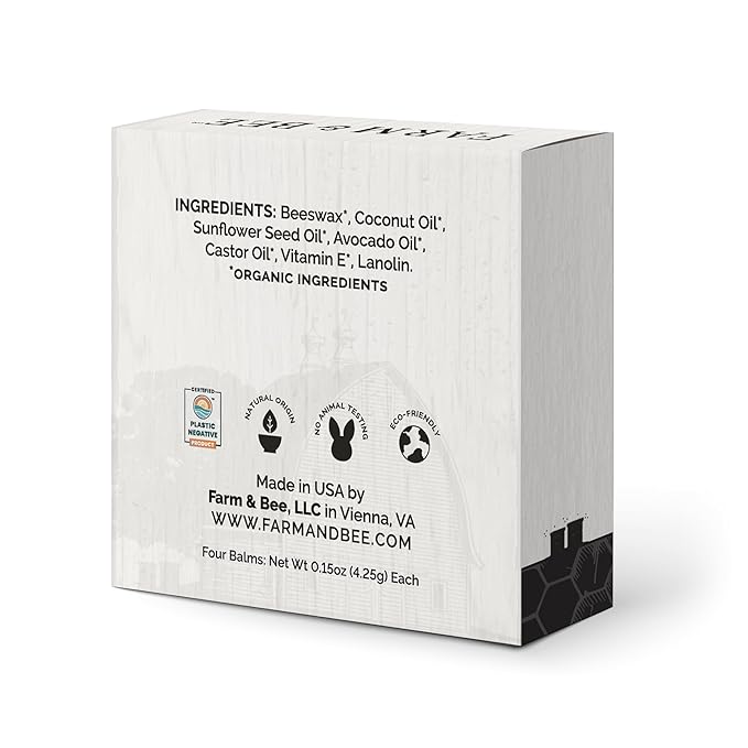 Natural Lip Balm - Organic & Natural Ingredients - Beeswax Based Moisturizing Lip Care Chapstick for Chapped Lips - Great Gift Idea - Farm & Bee - 0.15oz (Pack of 4 - Unscented)