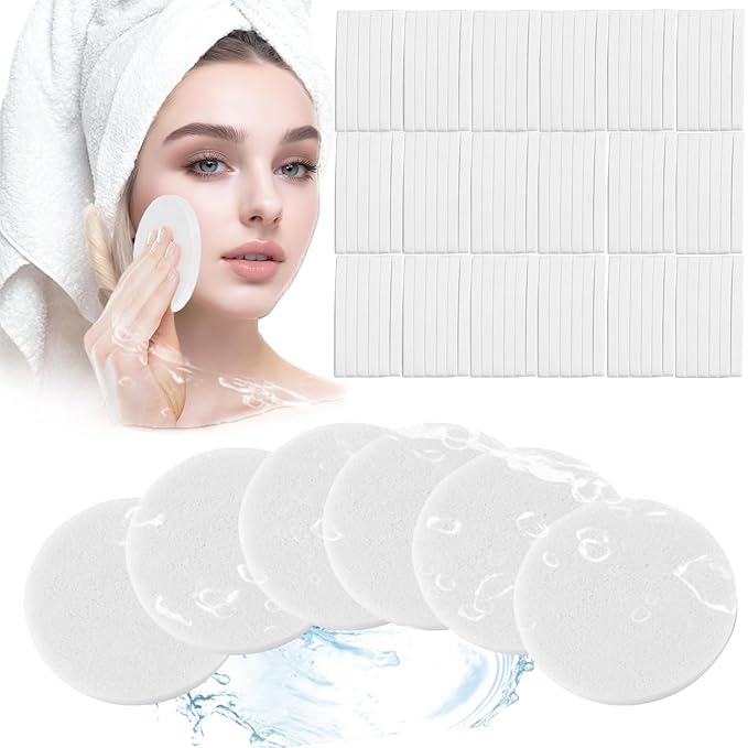 Compressed Facial Sponge,Reusable Makeup Blender 60 Count,Soft Round Wash Sponges for Estheticians Makeup Removal,Face Cleansing Exfoliating Compress Spa Pads for Women,White