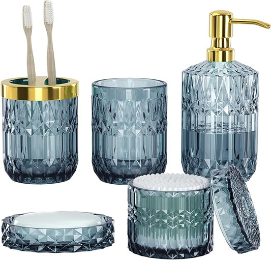 Blue Bathroom Accessories Set - 5PCS Clear Glass Bathroom Accessory Set (Toothbrush Holders, Soap Dispenser, Soap Dish, Tumbler, Cotton Swab Jar), Countertop Vanity Organizer Modern Decor Vintage Gift