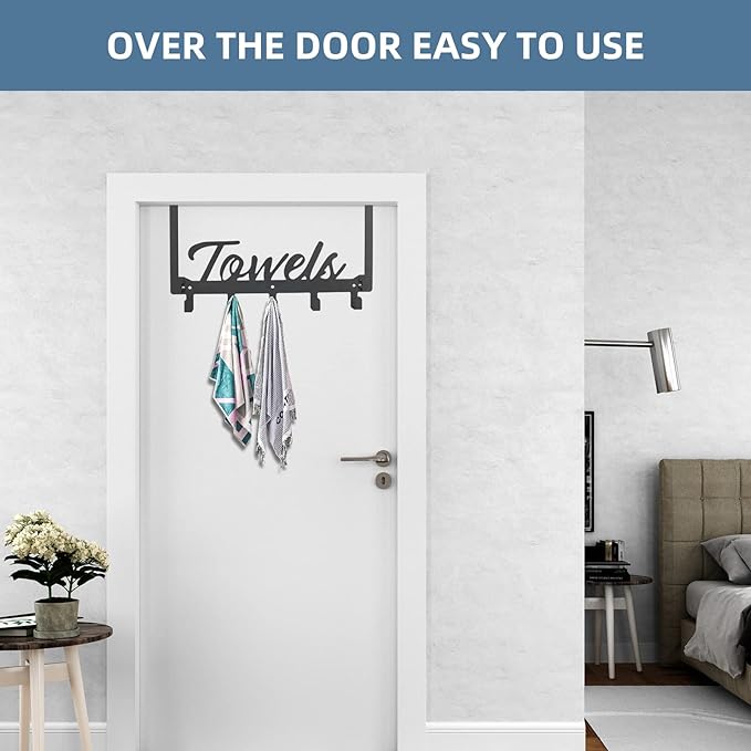 Over The Door Hooks, Towel Rack Towel Hooks for Bathroom, Towel Holder for Hanging Heavy Duty, Door Rack Over Door Hanger with 5 Coat Hooks for Bedroom Bathroom Kitchen, Black