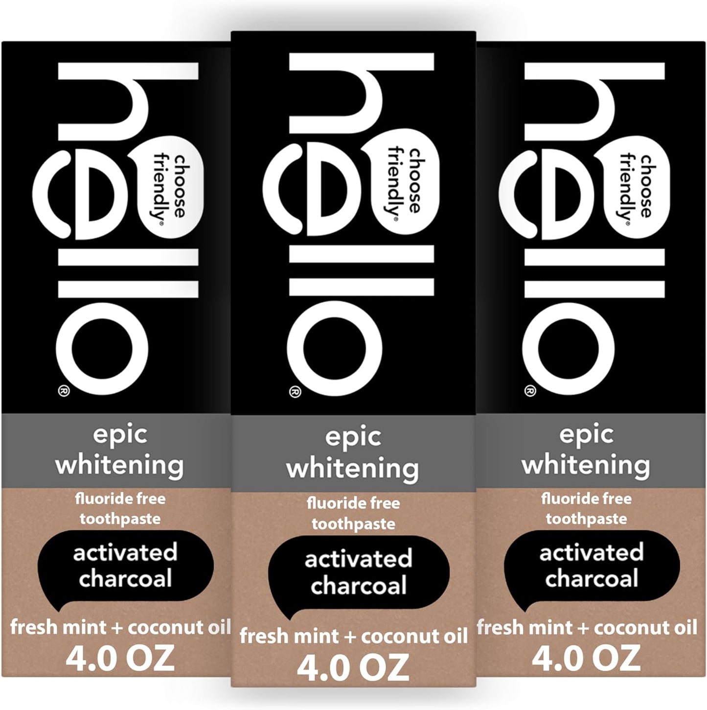 Three boxes of epic whitening toothpaste with activated charcoal flavor on a white background