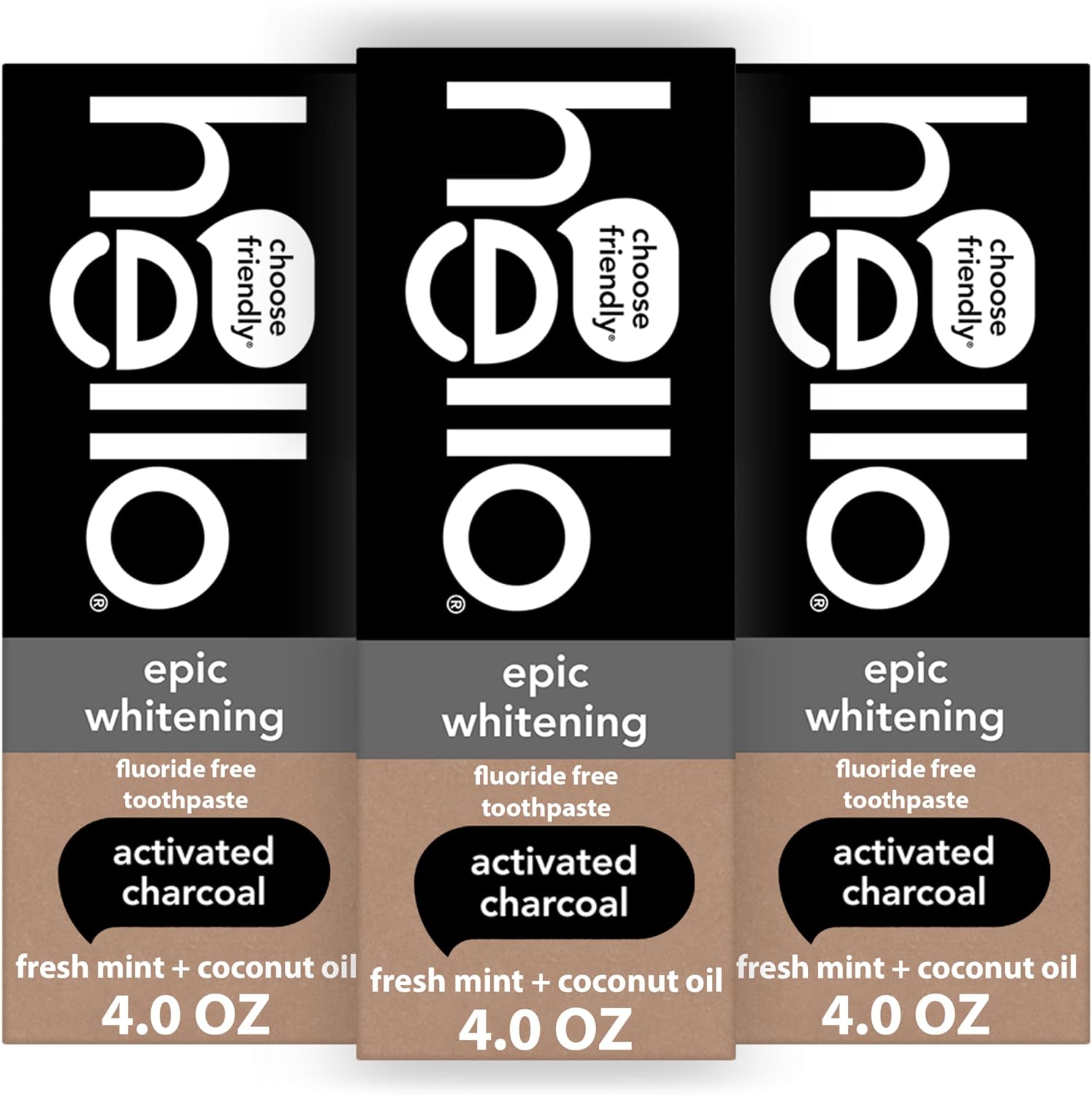 Three boxes of epic whitening toothpaste with activated charcoal flavor on a white background