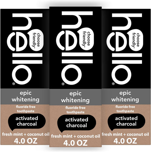 Three boxes of epic whitening toothpaste with activated charcoal flavor on a white background