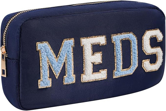 Chenille Letter Patch Nylon Medicine Packages,Cute MEDS Travel Makeup Bag with Metal Zipper, First Aid Purse Organizer Cosmetic Bag for Women and Girls(03Navy)