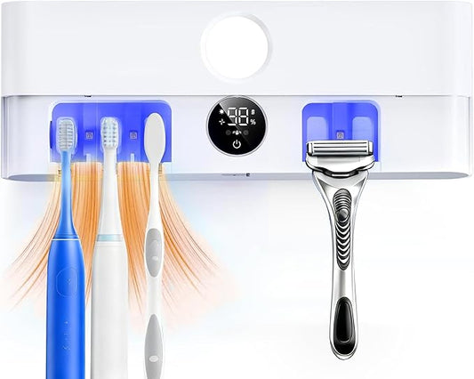 Smart Toothbrush Holder with Drying & Ventilation, 5 Brush Organizer with LED Display, Wall Mounted Storage with Shaver Slot for Family Bathroom