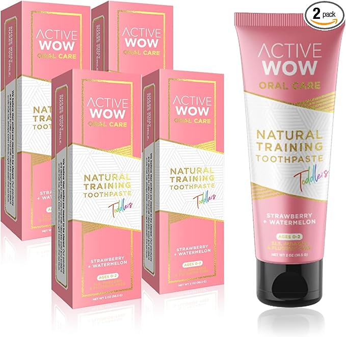 Active Wow Training Toothpaste – Fluoride-Free, Toddler-Safe, Gentle, Vegan, Safe to Swallow – Strawberry Watermelon, 2 Pack