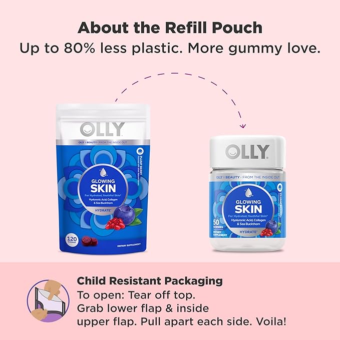 OLLY Glowing Skin Collagen Gummy, Hydrated, Youthful Skin, Hyaluronic Acid, Sea Buckthorn, Chewable Supplement, Berry, 60 Day Supply - 120 Count Pouch