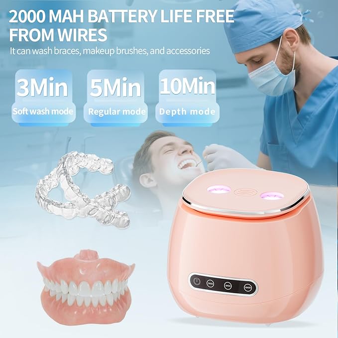 Ultrasonic Retainer Cleaner 48kHz Ultrasonic Cleaner Dental Ultrasonic Retainer Cleaner Machine Dental Cleaning Pod for Denture with Digital Timer, Dual Cleaning Mode for All Dental Appliances (Pink)