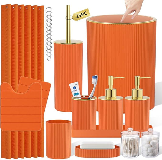 Orange Bathroom Accessories Set - Bathroom Sets, 25PC Bath Accessory Set, Bathroom Sets with Push Top Trash Can, Shower Curtain and Rugs, Toilet Brush, Trash Can & Soap Dispenser