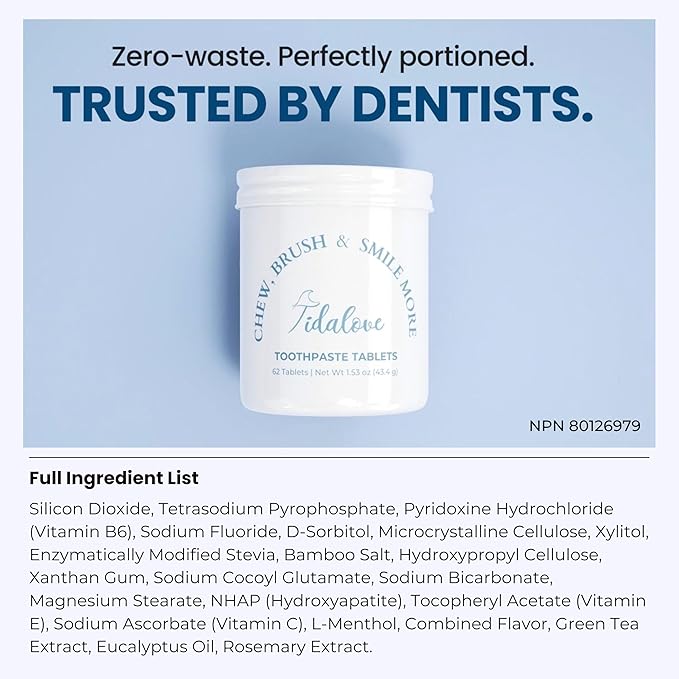 Smile More Toothpaste Tablets with Fluoride & nHAp - Vegan, Enamel Strengthening, Zero Waste, Eco-Friendly Tin (62 Tablets, Cool Mint, Travel-Friendly)