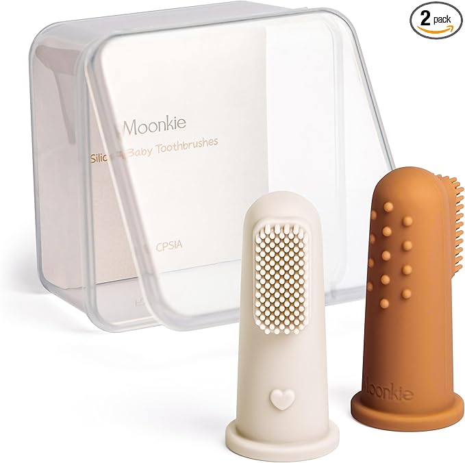 Moonkie Baby Toothbrush Finger Toothbrush Oral Cleaner Kit for 3 Months +, 2 Pcs Small (Clay/Ivory)
