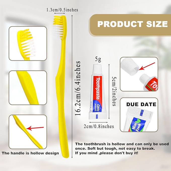 Disposable Toothbrushes with Toothpaste,500 Pack Yellow Hollow Individually Wrapped Disposable Travel Toothbrushes Kit in Bulk for Homeless,Nursing Home,Hotel,Charity