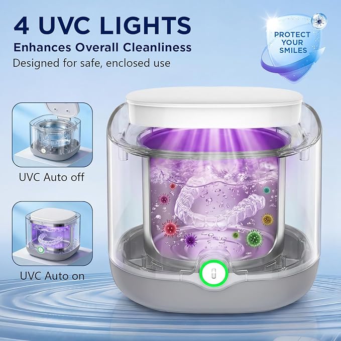 Ultrasonic Retainer Cleaner with 4 UVC Light, Jinyeda 45kHz Rechargeable Retainer Cleaner Machine 24W, 4000mAh Battery, 200ML Dental Cleaning Pod 3 Mode for Mouth Guard Aligners Denture