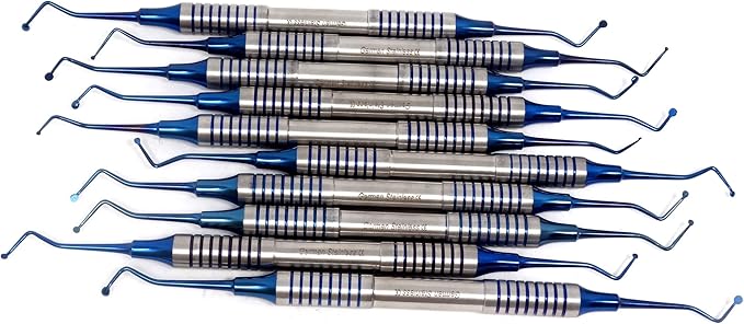 Set of 10 Dental Spoon Excavators 1MM-2.5MM Blue Titanium Coated Tips Restorative Composite Filling Tooth Cavity Carious Decay Removal Double Ended Instruments