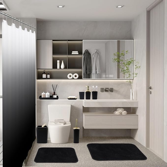 Bathroom Set - Black Bathroom Accessories Set, Bathroom Sets with Shower Curtain and Rugs, 24PC Shower Curtain Set with Hooks, Soap Dispenser, Soap Dish, Toilet Brush Holder and Trash Can