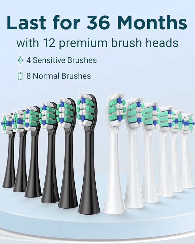 Rtauys 2 Pack Electric Toothbrush for Adults - 2 Rechargeable Electric Toothbrushes with 12 Brush Heads & 2 Travel Cases, Power Electric Toothbrush with Holder, 120 Days Battery Life - Black+White