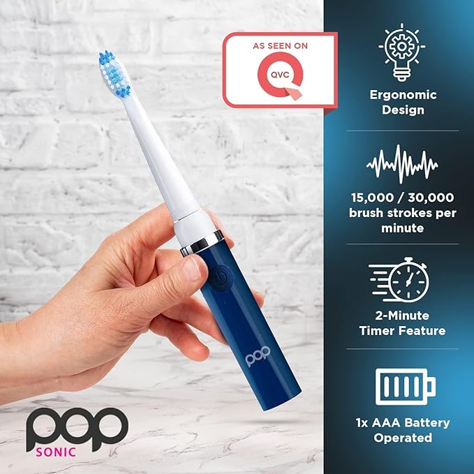 2-Pack Pop Sonic Electric Toothbrush (Navy Blue + Black) - Travel Toothbrushes w/AAA Battery | Kids Electric Toothbrushes with 2 Speed & 15,000-30,000 Strokes/Minute, Dupont Nylon Bristles
