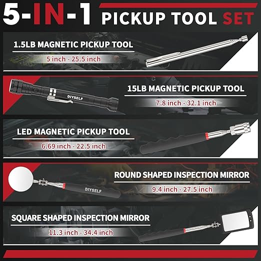 DIYSELF Telescoping Magnetic Pickup Tool, Inspection Mirror, Telescoping Magnet, LED Flashlight, 360 Swivel, Magnet Tool, Flexible Magnet Pickup Tool for Men, Cool Gifts for Dad, Husband, 5-in-1 Set