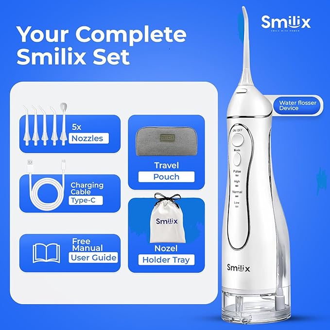 Smilix Water Flosser, 4-Mode Cordless Oral Irrigator – 300ML, USB-C, Waterproof (IPX7), 5 Jet Tips, Travel Case – Powerful Deep Cleaning for Teeth & Gums