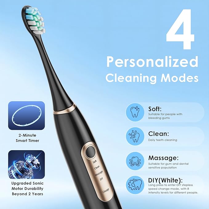 Hooyapik 38000 VPM Sonic Electric Toothbrush Set with 6 Brush Heads-2 Minute Timer-4 Cleaning Settings，IPX7 Waterproof,Lightweight and USB Rechargeable Toothbrush for Oral Care (Black)