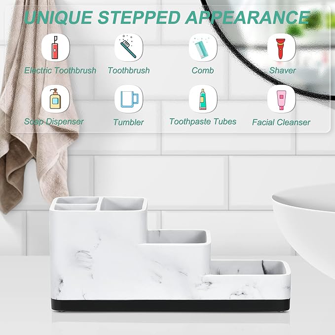 VITVITI Toothbrush Holder for Bathroom, Bathroom Organizer Countertop, 5 Compartment Bathroom Accessories Storage for Toothpaste/Vanity Counter, White Resin of Marble Color