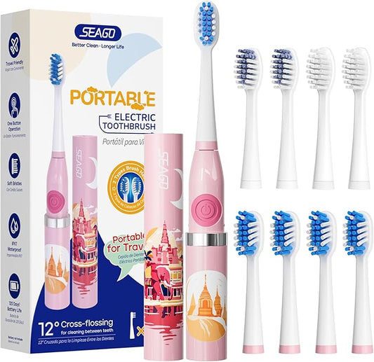 SEAGO SG-505 Travel Electric Toothbrush, Portable Toothbrush, 24,000 VPM, IPX7 Waterproof, 8 Brush Heads (Soft & Tilted Bristles), Battery Powered for Adults, On The Go (Thai Design, Made in Thailand)