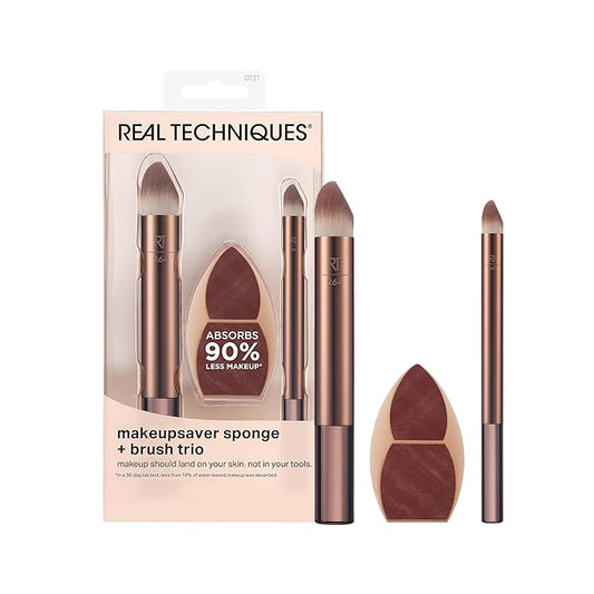 Real Techniques Makeupsaver Sponge + Brush Trio, Makeup Blending Sponge & Brushes For Liquid & Cream Foundation, Natural Finish & Reduces Makeup Waste, Cruelty & Latex-Free, 3 Piece Set
