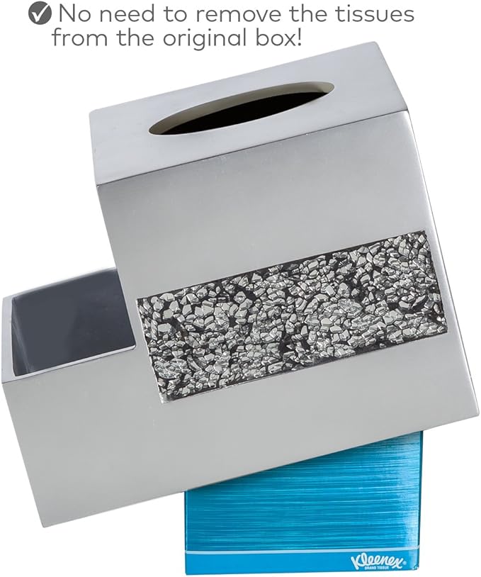 Crackled Glass Silver Tissue Box Cover Square and Nightstand Organizer for Men & Women - Multi-Function Mosaic Glass Tissue Box Holder with Makeup, Phone, Remote Control Holder Organizer for Table