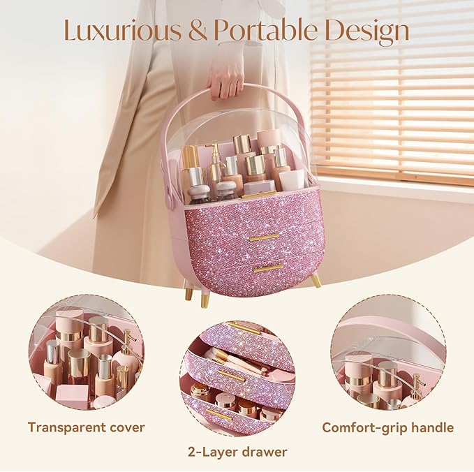 Bling Makeup Organizers for Teen Girl Gifts, Cosmetic Display Case with Clear Cover, Vanity Makeup Organizers for Lipstick Perfume Lotion and Skincare, Pink Diamond