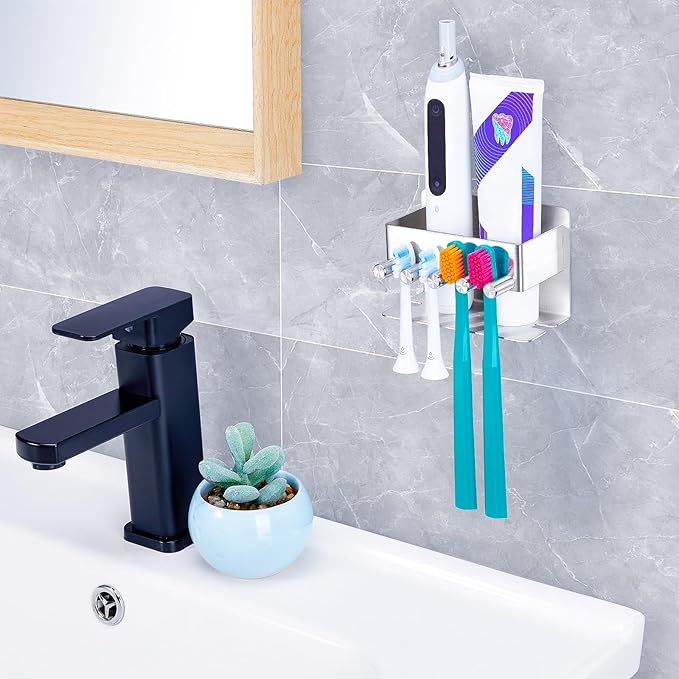 Electric Toothbrush Head Holder, Stainless Steel Tooth Brushing Holder Storage Toothpaste Razor, Wall Mounted Toothbrush Holders for Shower Bathroom, Adhesive Tooth Brush Head Holder Organiser