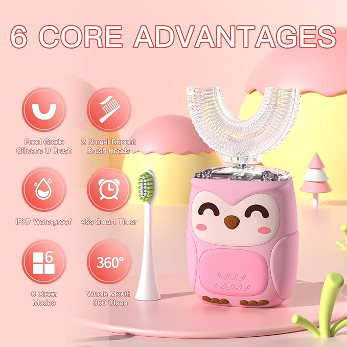 Kids Electric U Shaped Toothbrush Kids Sonic Toothbrush with 4 Soft Brush Head Automatic Full Mouth 6 Cleaning Mode-(Age8-15 Pink)