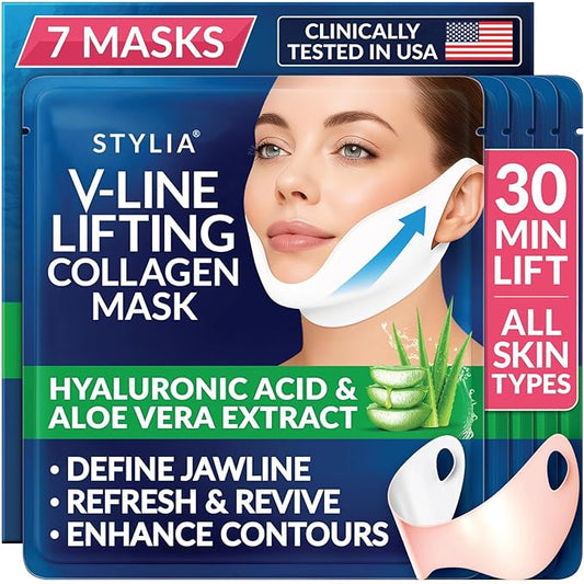 Stylia V Line Lifting Collagen Mask - Lift, Firm & Contour Jawline - Tightening Double Chin Strap with Hyaluronic Acid & Aloe - Neck Lift & Face Tightening Mask - Jawline Shaper Face Lift Tape (7PC)