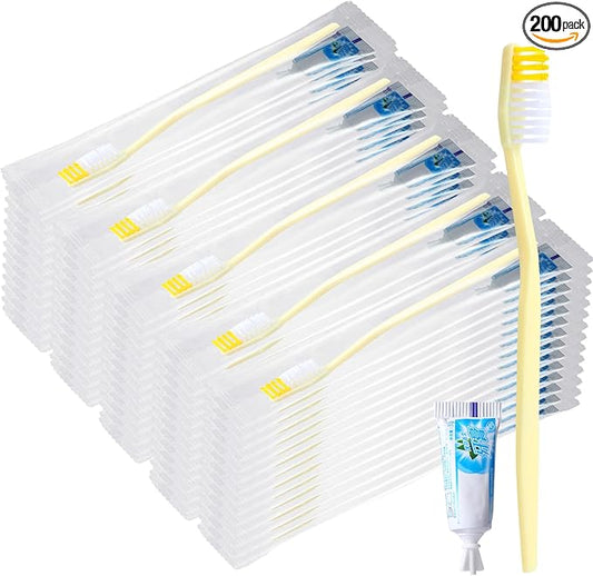 meekoo 200 Set Disposable Toothbrush with Toothpaste Individually Wrapped Travel Toothbrush Kit Homeless Hygiene Kit Bulk for Travel Hotel Shelter Homeless Nursing Home(Gold, Classic)