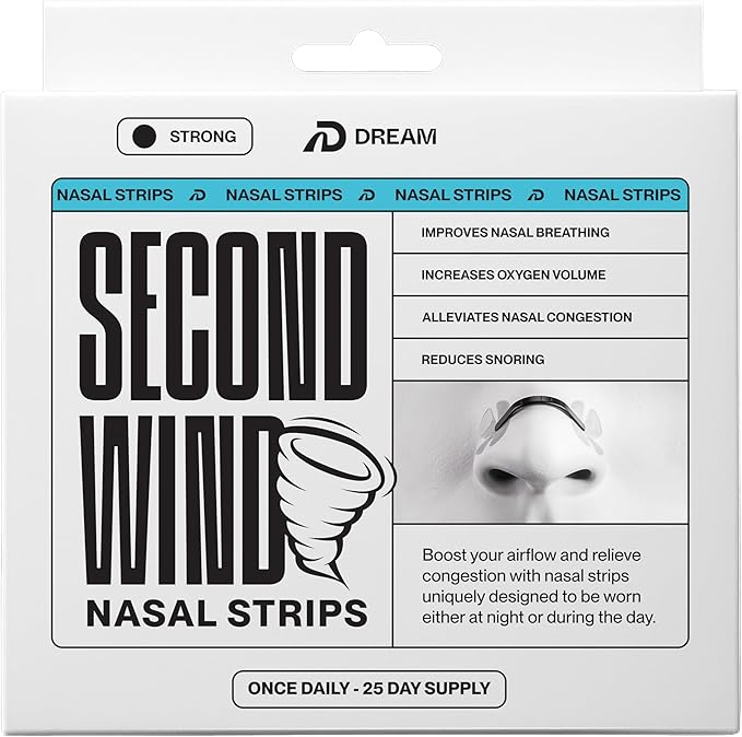 Dream Recovery Second Wind Nasal Strips - Nose Strips for Breathing, Sleep and Athletic Performance - Snore Relief and Congestion Support - Black, Strong, 25 Count