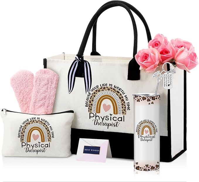 Geiserailie 8 Pcs Christmas Physical Therapist Gifts for Women Including Large Tote Bag Cosmetic Bags Tumbler Cup Plush Socks Metal Keychain Card and Envelope for Physical Therapist Thank You Gifts