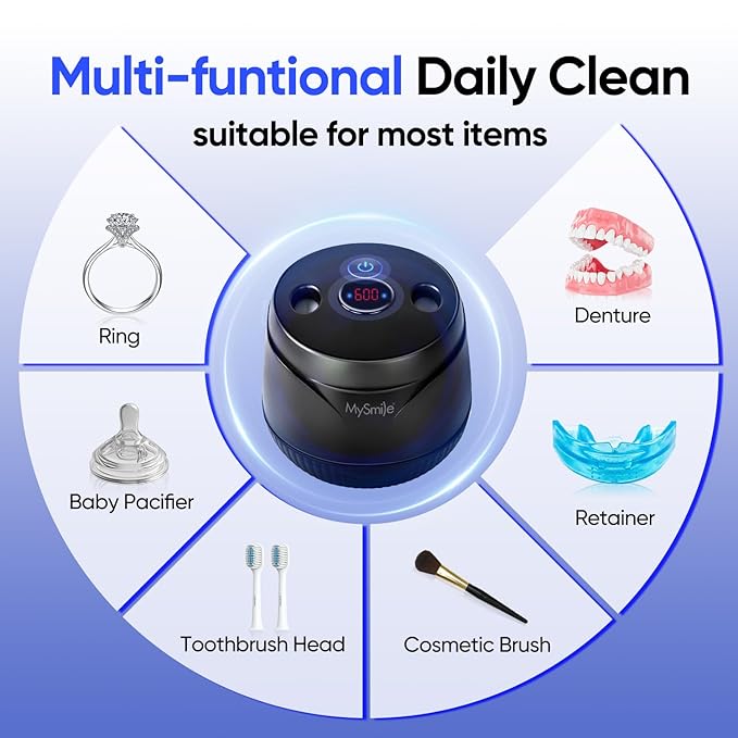 MySmile Ultrasonic Retainer Cleaner Machine with Tablets- 45kHz Black Denture Cleaner Machine with 200ML Capacity and MySmile Retainer Cleaner with 120 Denture Cleaning Mint Flavor Tablets