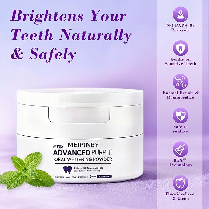 2 PCS Teeth Whitening Powder, Hydroxyapatite Remineralizing Tooth Powder with Niacinamide,R5X Advanced Purple Color Balance Immediate Results, Mint Flavor, 2 * 50 Grams