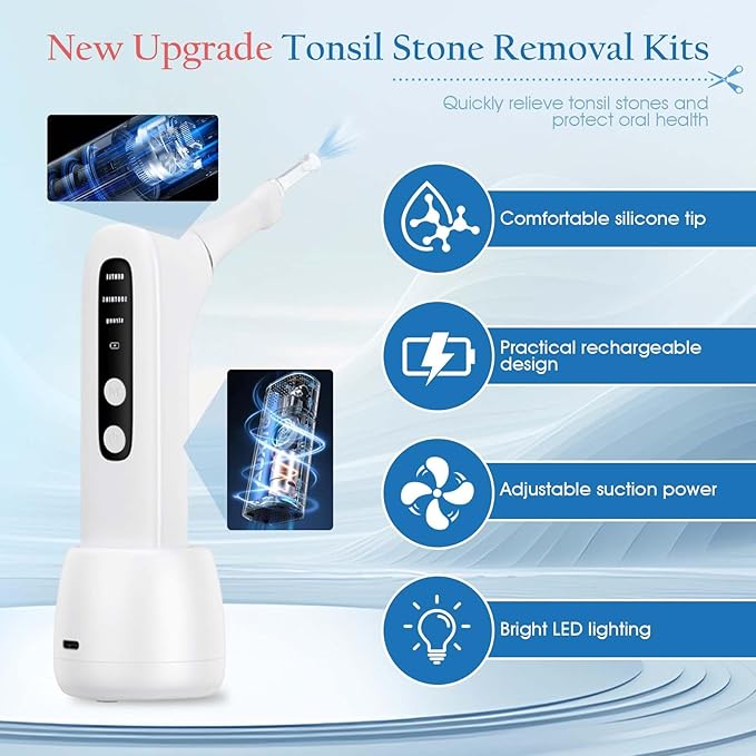 Upgraded Electronic Tonsil Stone Remover,lectronic Oral Care Cleaning Tool Set with 3-Speed Vacuum, 4 Soft Silicone Nozzles & LED Light for Fresh Breath & Comfortable Use (White)