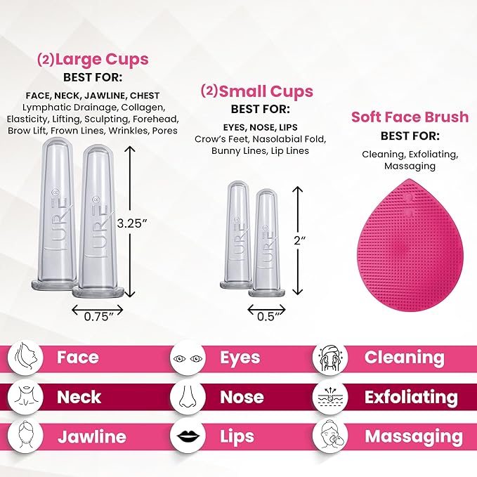 Lure Essentials Glam Facial Cupping Set (5 pc) Face Eyes Lips Cupping Set with Brush Collagen Lymphatic Massage