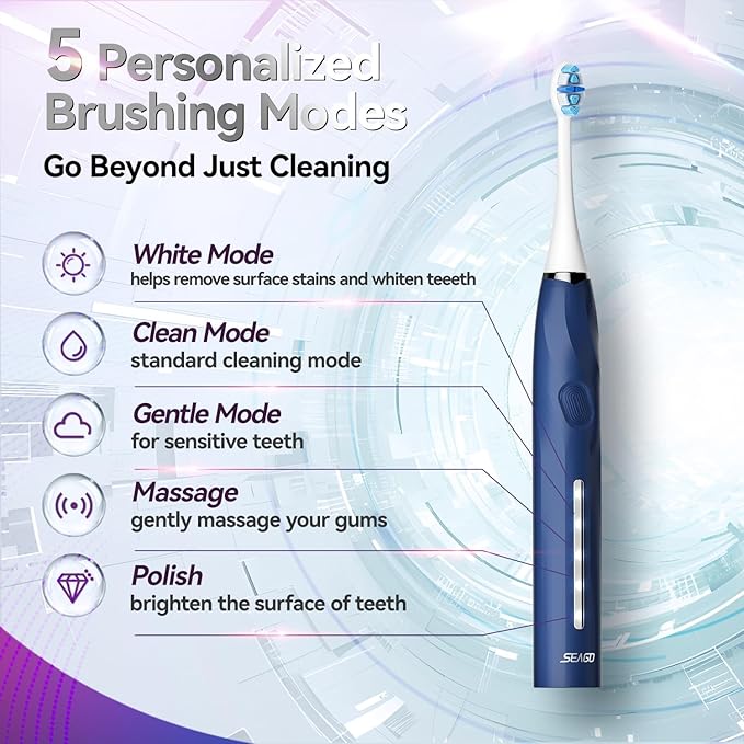 SEAGO Electric Toothbrush with 8 Soft Bristle Heads for Adults, Pressure Sensor, 5 Modes with 2 Minutes Build in Smart Timer, Rechargeable Travel Toothbrush with Brush Hold and Travel Case(2752Blue)